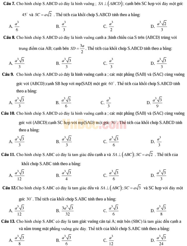 306 bài tập trắc nghiệm hình học không gian lớp 12