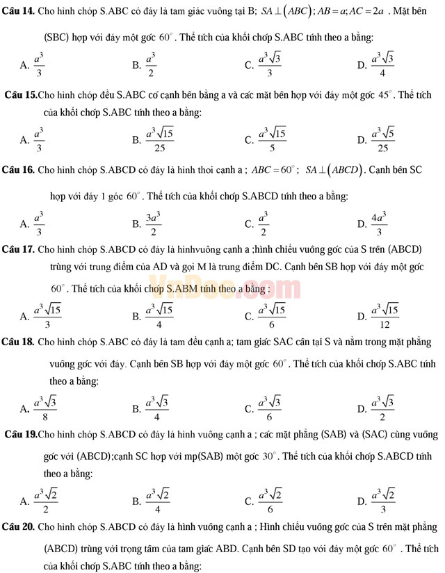 306 bài tập trắc nghiệm hình học không gian lớp 12