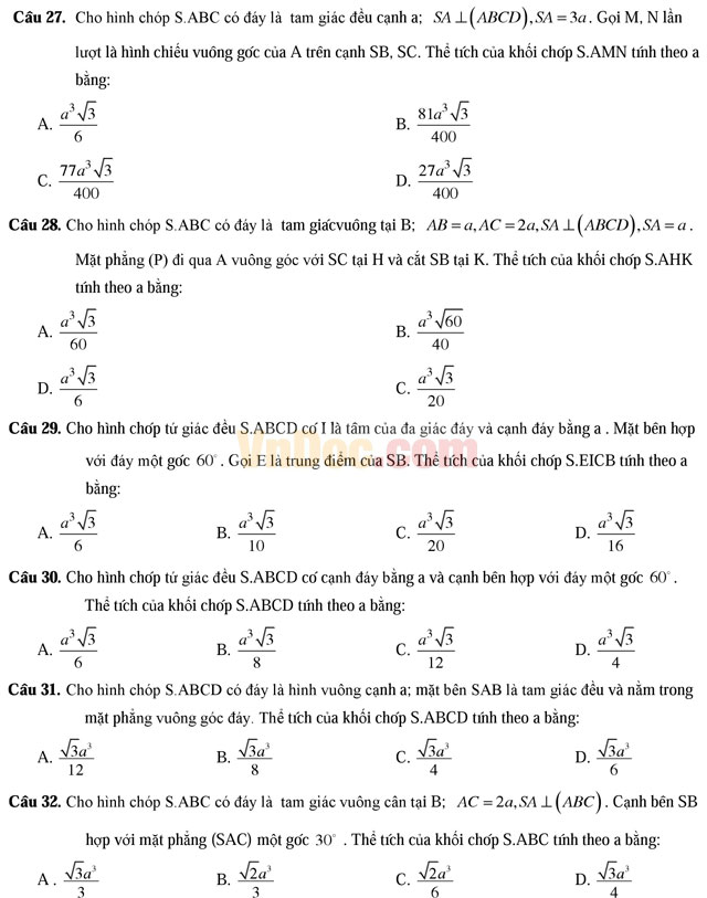 306 bài tập trắc nghiệm hình học không gian lớp 12
