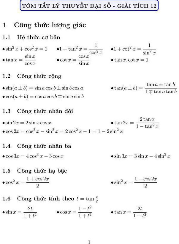 Công thức giải nhanh trắc nghiệm Toán THPT Quốc gia