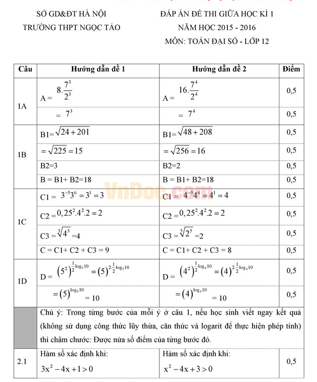 Đề thi giữa học kì 1 môn Toán đại số lớp 12