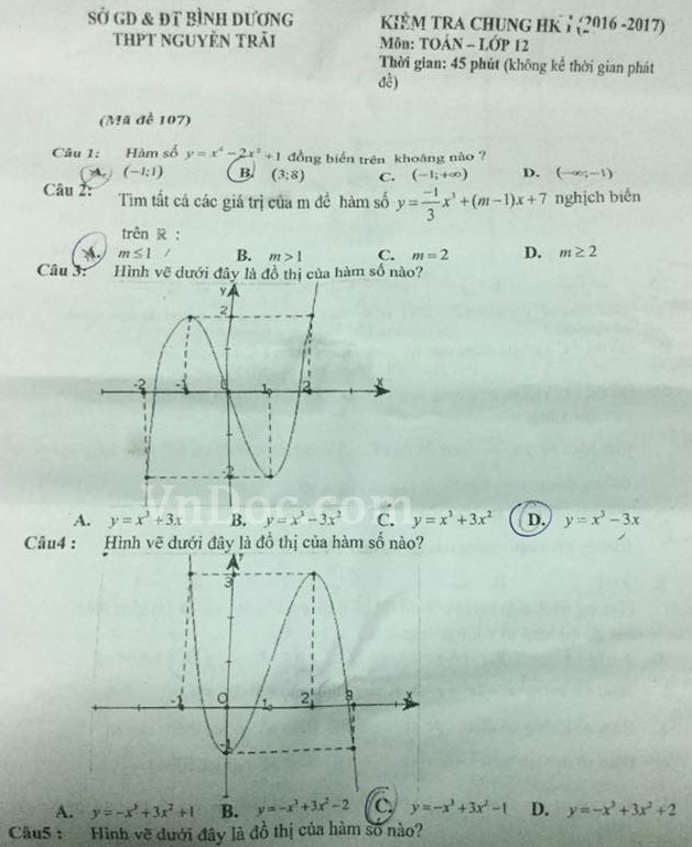 Đề thi giữa học kì 1 môn Toán lớp 12 trường THPT Nguyễn Trãi, Bình Dương năm học 2016 - 2017 Đề thi giữa học kì 1 môn Toán lớp 12 trường THPT Nguyễn Trãi, Bình Dương năm học 2016 - 2017
