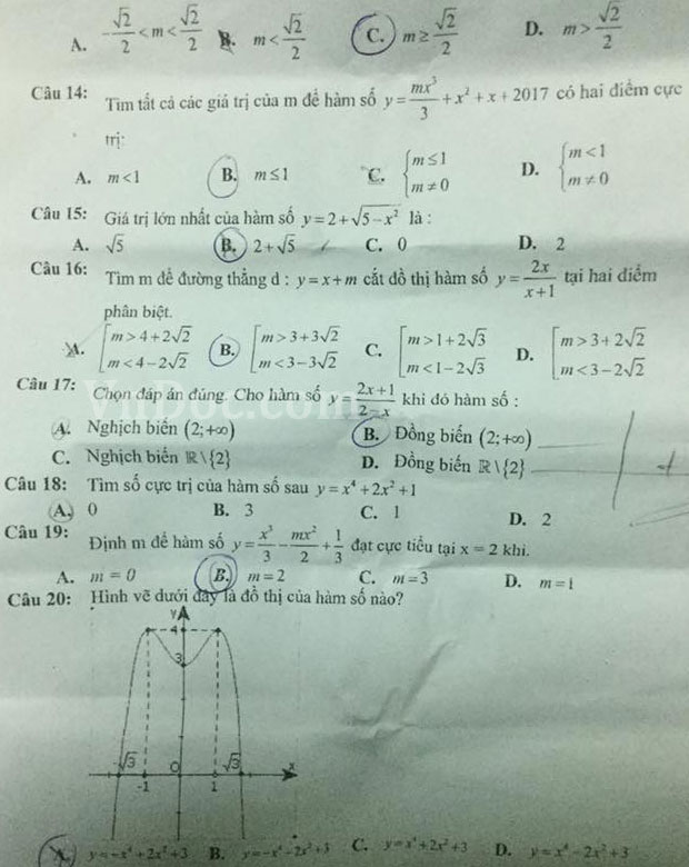 Đề thi giữa học kì 1 môn Toán lớp 12 trường THPT Nguyễn Trãi, Bình Dương năm học 2016 - 2017 Đề thi giữa học kì 1 môn Toán lớp 12 trường THPT Nguyễn Trãi, Bình Dương năm học 2016 - 2017