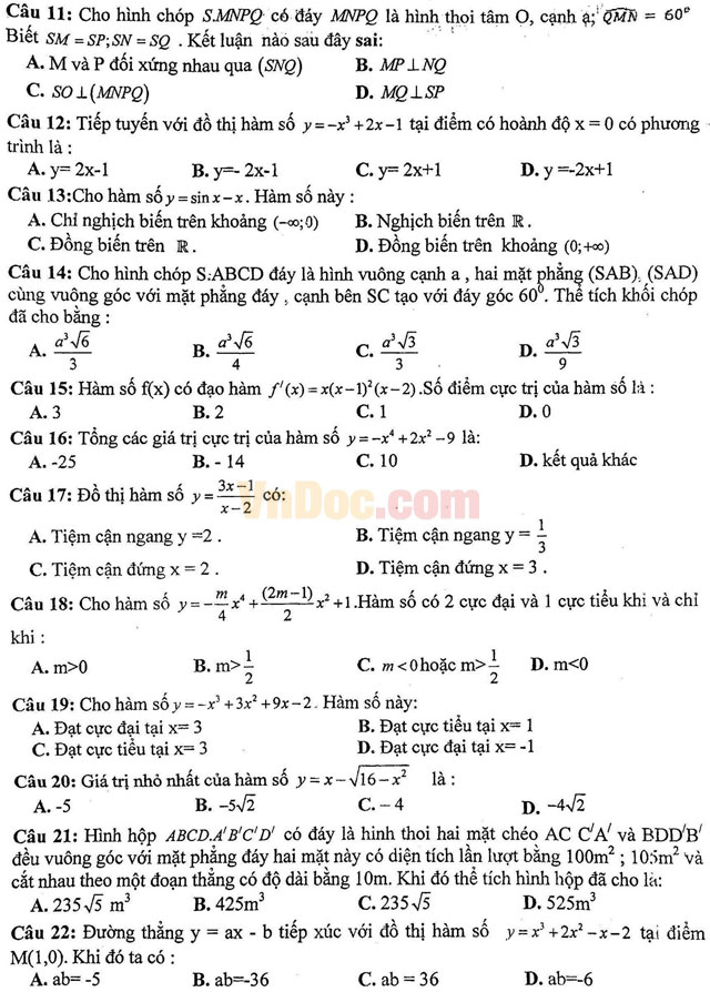 Đề thi giữa học kì 1 môn Toán lớp 12 trường THPT Việt Đức, Hà Nội năm học 2016 - 2017 Đề thi giữa học kì 1 môn Toán lớp 12 trường THPT Việt Đức, Hà Nội năm học 2016 - 2017