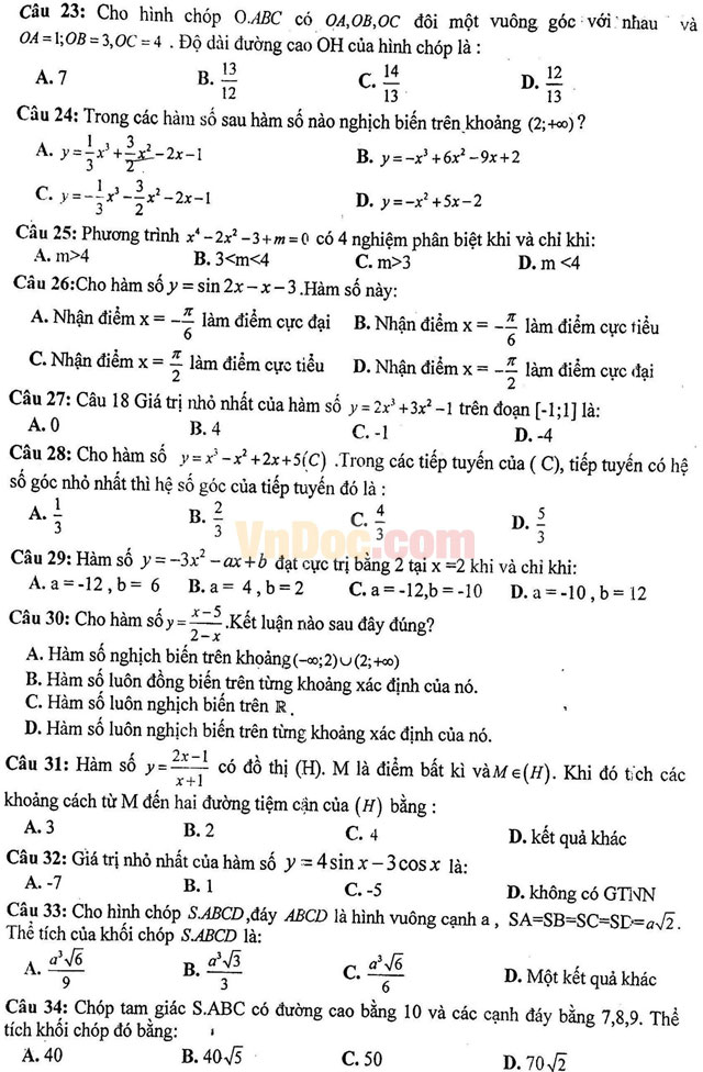 Đề thi giữa học kì 1 môn Toán lớp 12 trường THPT Việt Đức, Hà Nội năm học 2016 - 2017 Đề thi giữa học kì 1 môn Toán lớp 12 trường THPT Việt Đức, Hà Nội năm học 2016 - 2017
