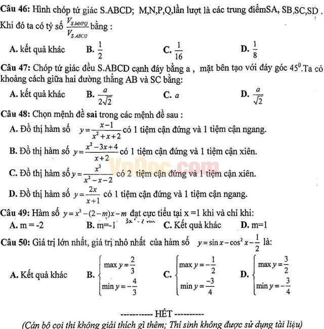 Đề thi giữa học kì 1 môn Toán lớp 12 trường THPT Việt Đức, Hà Nội năm học 2016 - 2017 Đề thi giữa học kì 1 môn Toán lớp 12 trường THPT Việt Đức, Hà Nội năm học 2016 - 2017