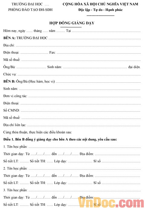 Mẫu hợp đồng giảng dạy