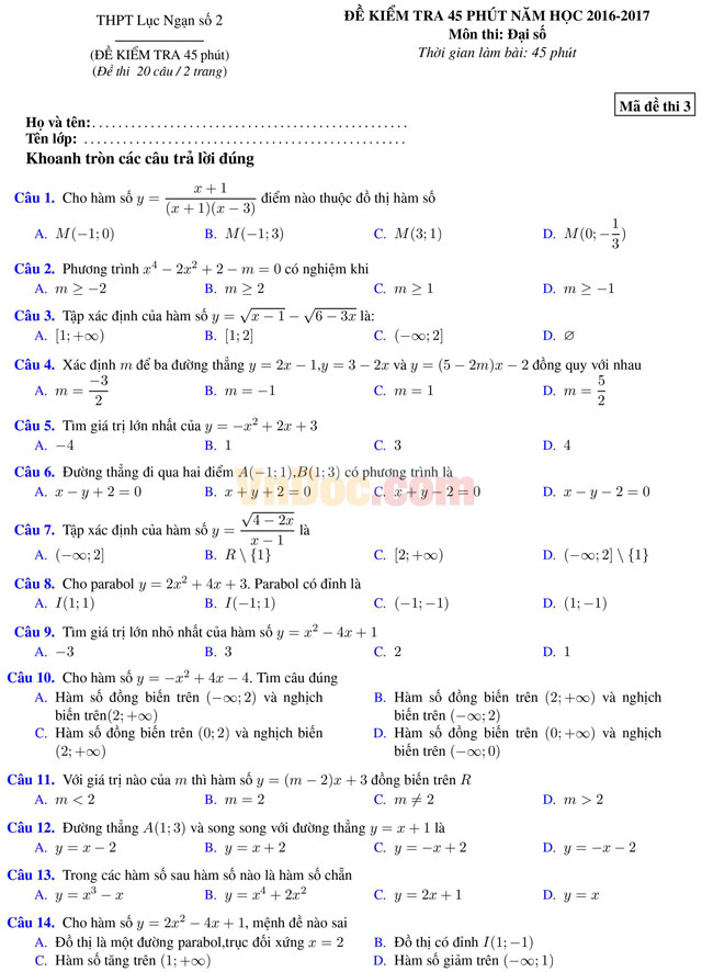 Đề kiểm tra 45 phút học kì 1 môn Toán lớp 12 trường THPT Lục Ngạn số 2, Bắc Giang năm học 2016 - 2017 Đề kiểm tra 45 phút học kì 1 môn Toán lớp 12 có đáp án