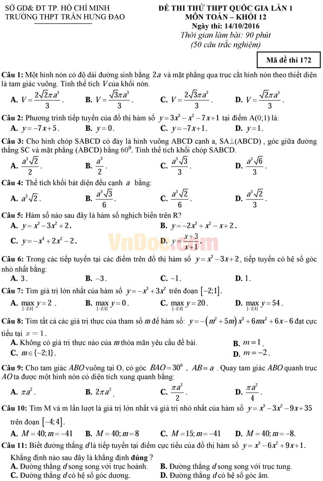 Đề thi thử THPT Quốc gia năm 2017 môn Toán trắc nghiệm trường THPT Trần Hưng Đạo, TP. Hồ Chí Minh (Lần 1) Đề thi thử THPT Quốc gia năm 2017 môn Toán trắc nghiệm có đáp án