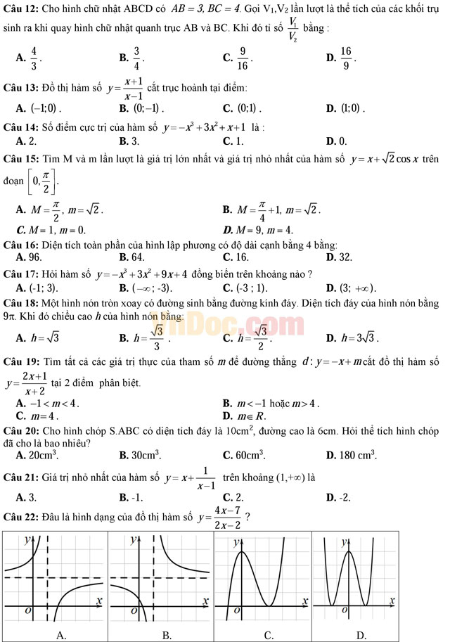 Đề thi thử THPT Quốc gia năm 2017 môn Toán trắc nghiệm trường THPT Trần Hưng Đạo, TP. Hồ Chí Minh (Lần 1) Đề thi thử THPT Quốc gia năm 2017 môn Toán trắc nghiệm có đáp án
