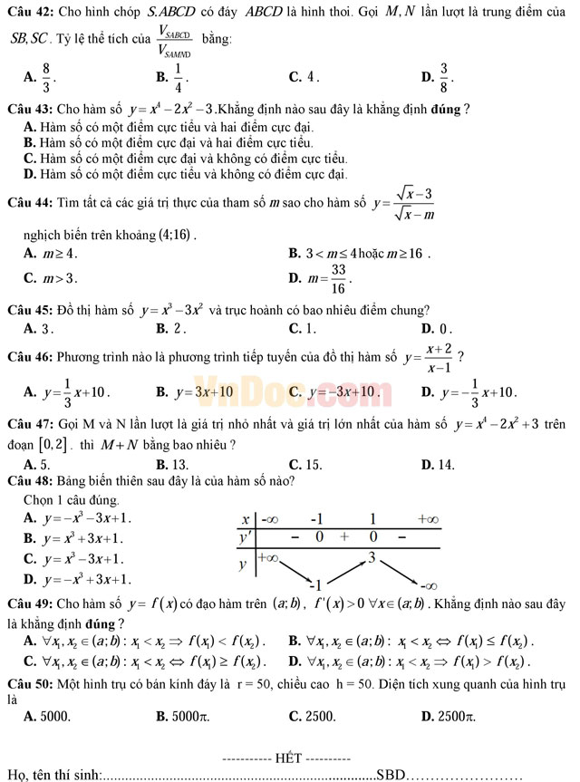 Đề thi thử THPT Quốc gia năm 2017 môn Toán trắc nghiệm trường THPT Trần Hưng Đạo, TP. Hồ Chí Minh (Lần 1) Đề thi thử THPT Quốc gia năm 2017 môn Toán trắc nghiệm có đáp án