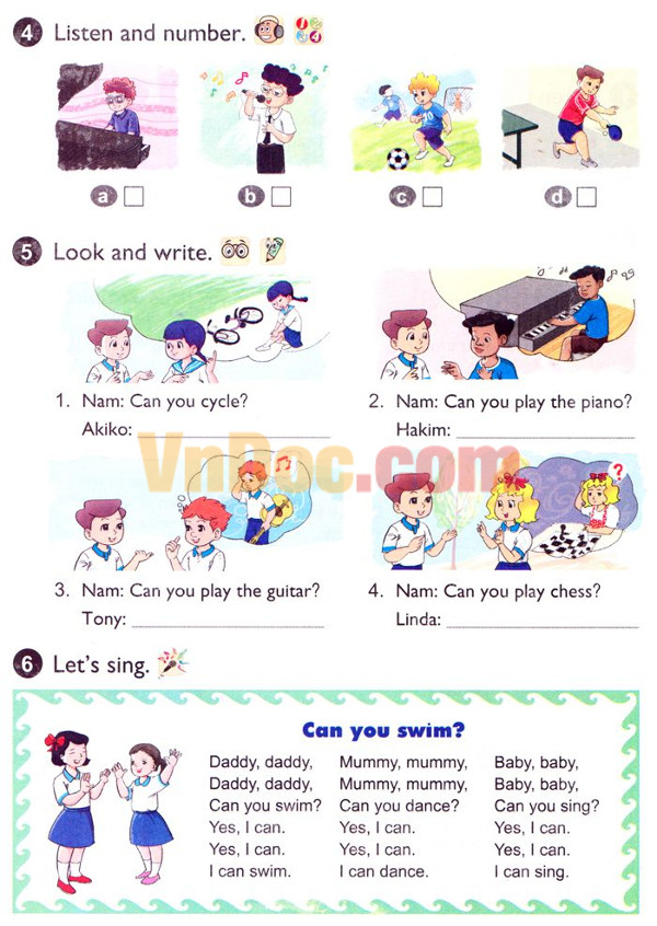 Lesson 1 Unit 5 trang 30 SGK Tiếng Anh lớp 4 Mới Giải bài tập SGK Tiếng Anh lớp 4 Chương trình mới Unit 5: Can you swim?