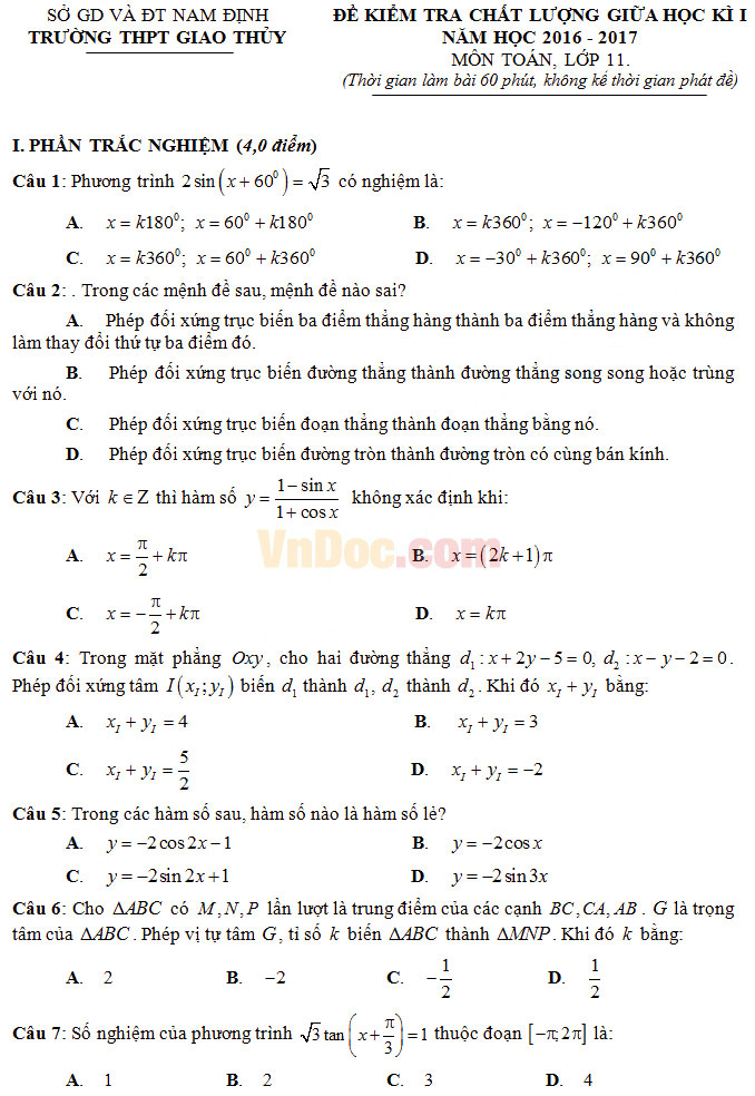Đề thi giữa học kì 1 môn Toán lớp 11 trường THPT Giao Thủy, Nam Định năm học 2016 - 2017 Đề thi giữa học kì 1 môn Toán lớp 11