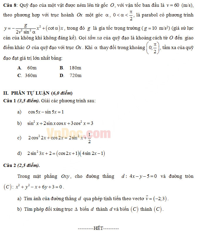 Đề thi giữa học kì 1 môn Toán lớp 11 trường THPT Giao Thủy, Nam Định năm học 2016 - 2017 Đề thi giữa học kì 1 môn Toán lớp 11