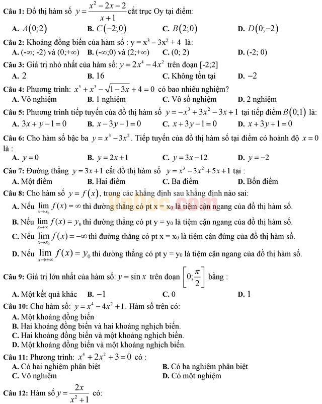 Đề kiểm tra 45 phút số 1 môn Toán lớp 12 trường THPT Đoàn Thượng, Hải Dương năm học 2016 - 2017