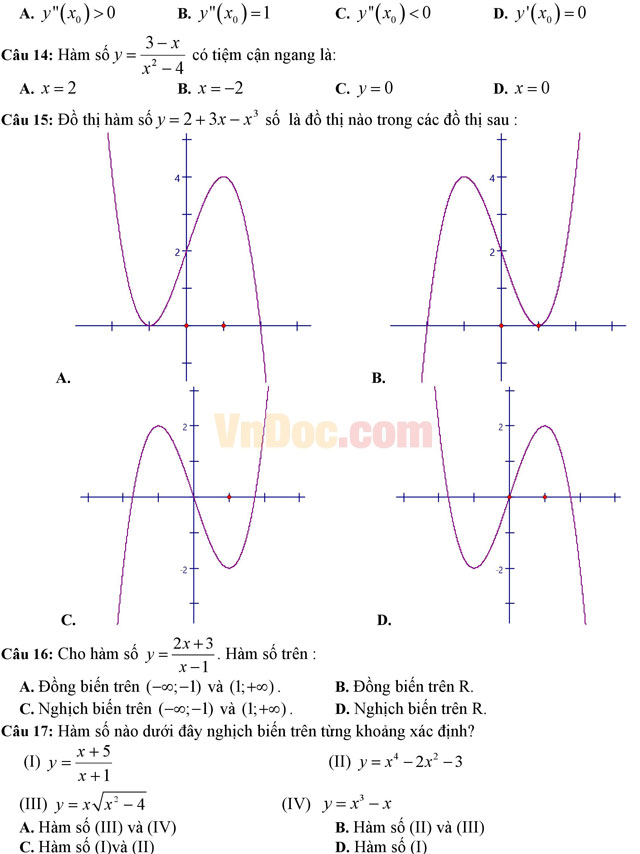 Đề kiểm tra 45 phút số 1 môn Toán lớp 12 trường THPT Đoàn Thượng, Hải Dương năm học 2016 - 2017