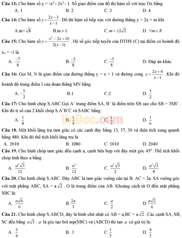 Đề thi giữa học kì 1 môn Toán lớp 12 trường THPT Hùng Vương, TP. Hồ Chí Minh năm học 2016 - 2017 Đề thi giữa học kì 1 môn Toán lớp 12 trường THPT Hùng Vương, TP. Hồ Chí Minh năm học 2016 - 2017