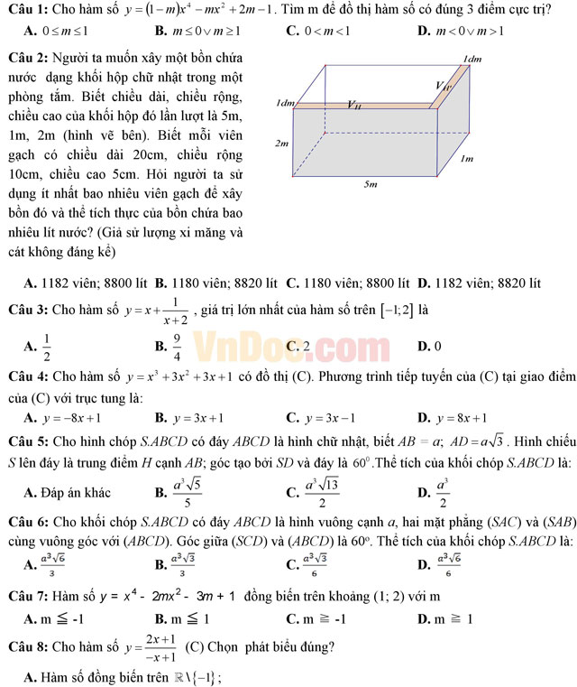 Đề thi giữa học kì 1 môn Toán lớp 12 trường THPT Xuân Trường, Nam Định năm học 2016 - 2017 Đề thi giữa học kì 1 môn Toán lớp 12 có đáp án
