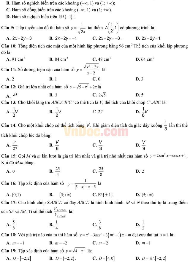 Đề thi giữa học kì 1 môn Toán lớp 12 trường THPT Xuân Trường, Nam Định năm học 2016 - 2017 Đề thi giữa học kì 1 môn Toán lớp 12 có đáp án