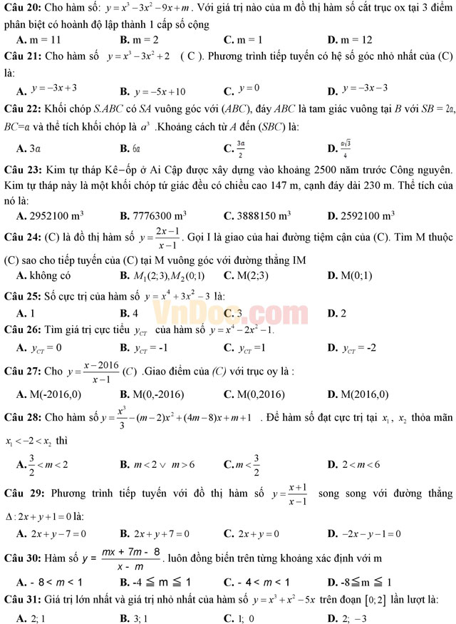 Đề thi giữa học kì 1 môn Toán lớp 12 trường THPT Xuân Trường, Nam Định năm học 2016 - 2017 Đề thi giữa học kì 1 môn Toán lớp 12 có đáp án