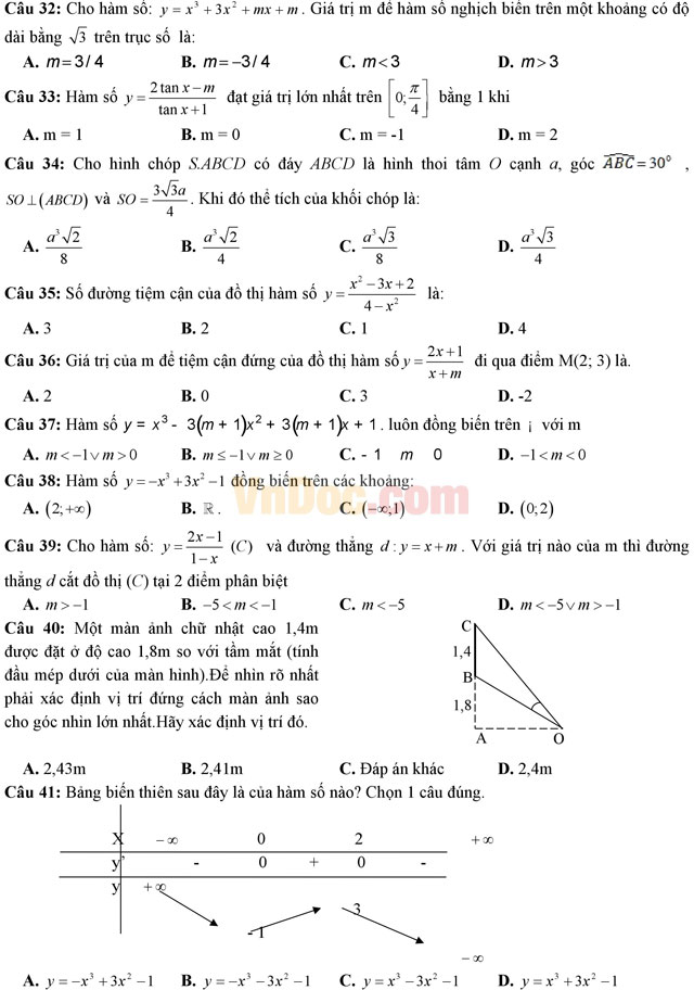 Đề thi giữa học kì 1 môn Toán lớp 12 trường THPT Xuân Trường, Nam Định năm học 2016 - 2017 Đề thi giữa học kì 1 môn Toán lớp 12 có đáp án