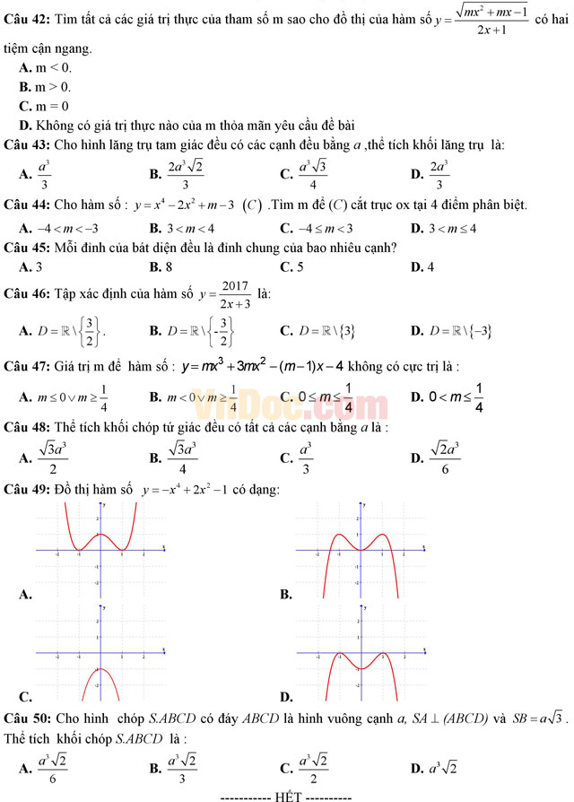 Đề thi giữa học kì 1 môn Toán lớp 12 trường THPT Xuân Trường, Nam Định năm học 2016 - 2017 Đề thi giữa học kì 1 môn Toán lớp 12 có đáp án