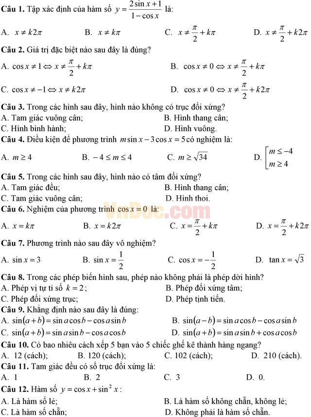 Đề thi giữa học kì 1 môn Toán lớp 11 có đáp án