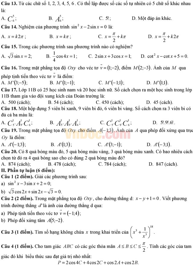 Đề thi giữa học kì 1 môn Toán lớp 11 có đáp án