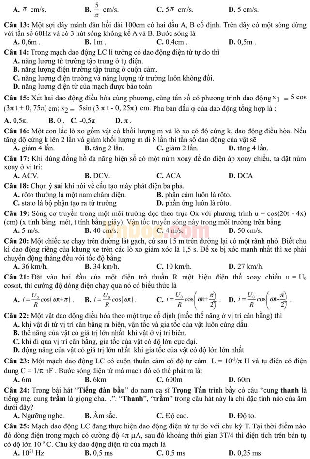 Đề thi thử THPT Quốc gia năm 2017 bài thi Khoa học tự nhiên - môn Vật lý trường THPT Hàn Thuyên, Bắc Ninh (Lần 1) Đề thi thử THPT Quốc gia năm 2017 bài thi Khoa học tự nhiên - môn Vật lý có đáp án