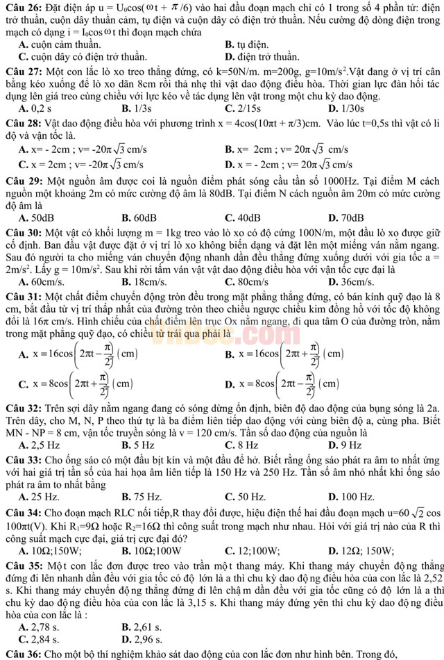 Đề thi thử THPT Quốc gia năm 2017 bài thi Khoa học tự nhiên - môn Vật lý trường THPT Hàn Thuyên, Bắc Ninh (Lần 1) Đề thi thử THPT Quốc gia năm 2017 bài thi Khoa học tự nhiên - môn Vật lý có đáp án