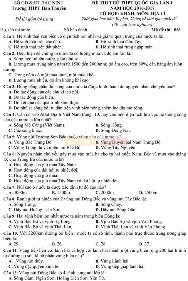 Đề thi thử THPT Quốc gia năm 2017 bài thi Khoa học xã hội - môn Địa lý trường THPT Hàn Thuyên, Bắc Ninh (Lần 1) Đề thi thử THPT Quốc gia năm 2017 bài thi Khoa học xã hội - môn Địa lý có đáp án