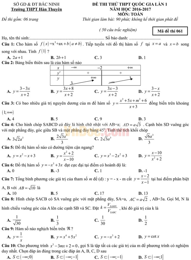 Đề thi thử THPT Quốc gia năm 2017 môn Toán có đáp án