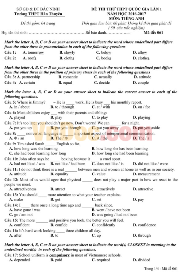 Đề thi minh họa và đáp án kỳ thi THPT Quốc gia năm 2017 môn Tiếng Anh