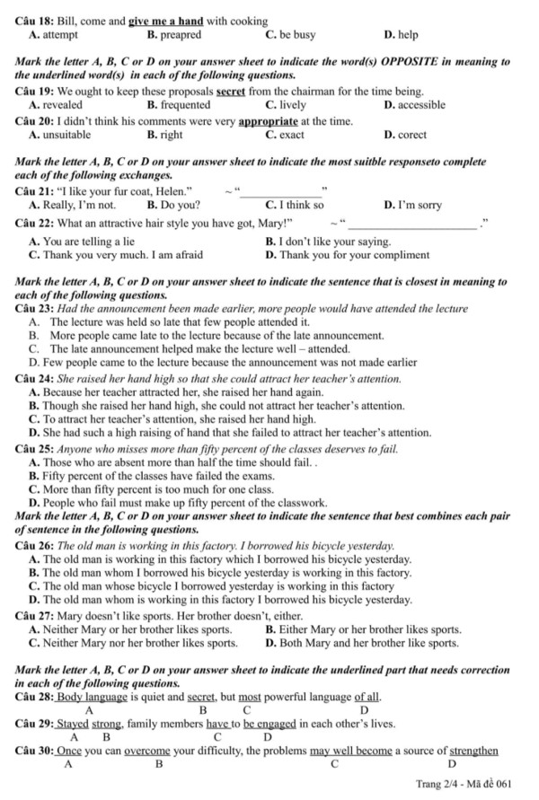 Đáp án đề minh họa môn tiếng Anh 2017 giải chi tiết