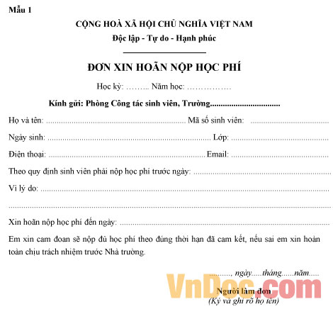 Mẫu đơn xin nộp học phí muộn Mẫu đơn xin hoãn nộp học phí