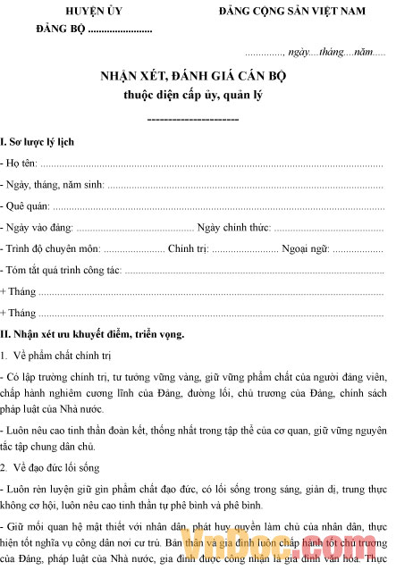 Mẫu nhận xét đánh giá cán bộ