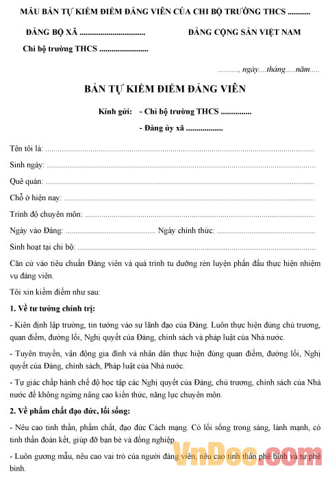 Bản kiểm điểm đảng viên cuối năm