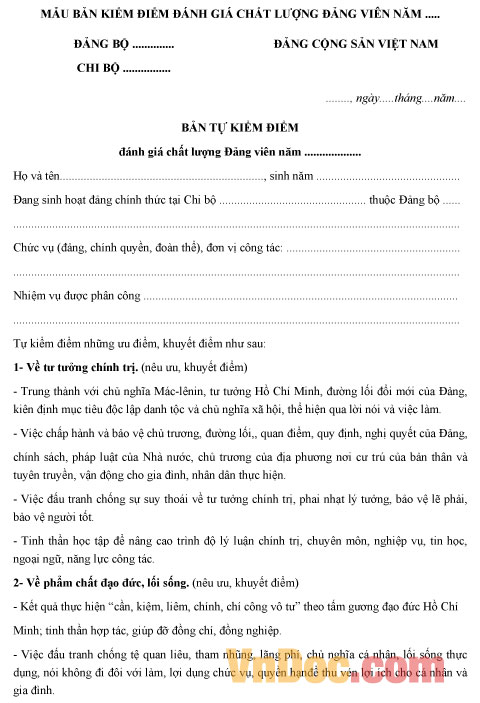 Bản kiểm điểm đảng viên cuối năm