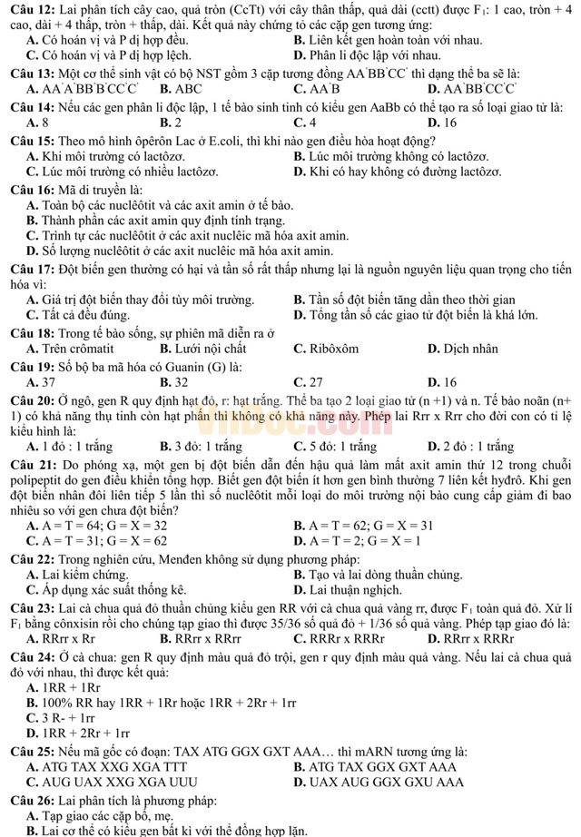 Đề thi thử THPT Quốc gia năm 2017 bài thi Khoa học tự nhiên - môn Sinh học trường THPT Hàn Thuyên, Bắc Ninh (Lần 1) Đề thi thử THPT Quốc gia năm 2017 bài thi Khoa học tự nhiên - môn Sinh học có đáp án