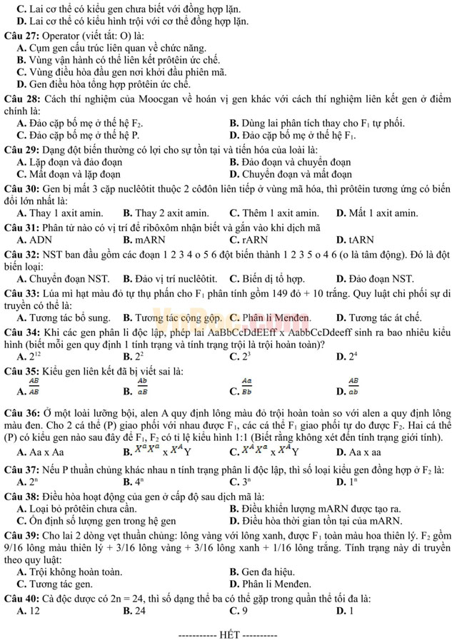 Đề thi thử THPT Quốc gia năm 2017 bài thi Khoa học tự nhiên - môn Sinh học trường THPT Hàn Thuyên, Bắc Ninh (Lần 1) Đề thi thử THPT Quốc gia năm 2017 bài thi Khoa học tự nhiên - môn Sinh học có đáp án