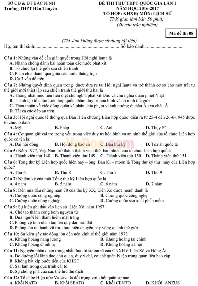 Đề thi thử THPT Quốc gia năm 2017 bài thi Khoa học xã hội - môn Lịch sử trường THPT Hàn Thuyên, Bắc Ninh (Lần 1) Đề thi thử THPT Quốc gia năm 2017 bài thi Khoa học xã hội - môn Lịch sử có đáp án