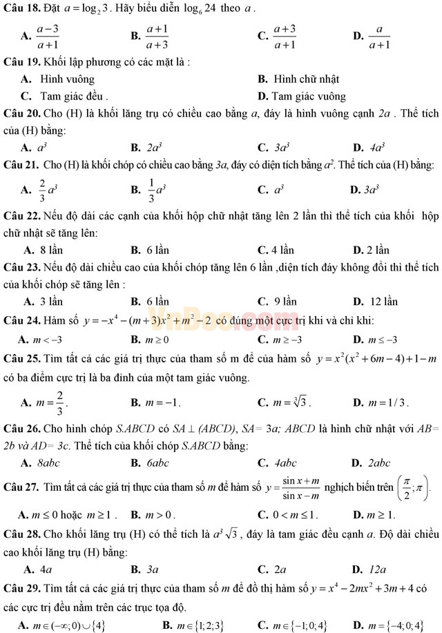 Đề thi thử THPT Quốc gia năm 2017 môn Toán trắc nghiệm có đáp án