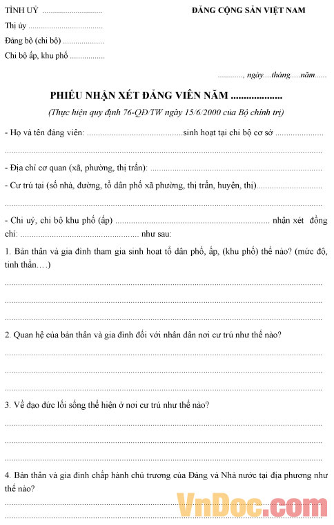 Mẫu phiếu nhận xét đảng viên nơi cư trú Mẫu phiếu nhận xét đảng viên nơi cư trú theo Quy định 76-QĐ/TW