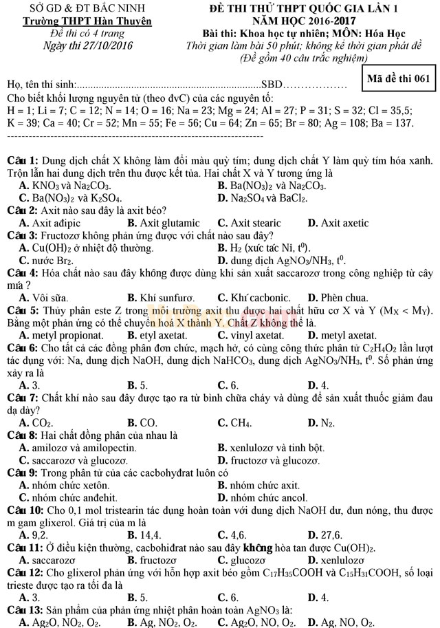 Đề thi thử THPT Quốc gia năm 2017 bài thi Khoa học tự nhiên - môn Hóa học trường THPT Hàn Thuyên, Bắc Ninh (Lần 1) Đề thi thử THPT Quốc gia năm 2017 bài thi Khoa học tự nhiên - môn Hóa học có đáp án
