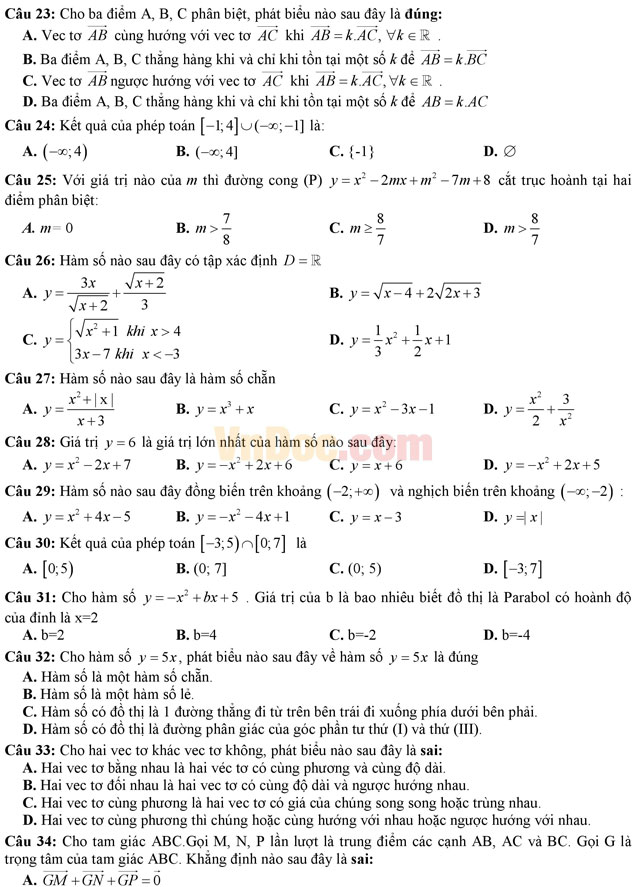 Đề thi giữa học kì 1 môn Toán lớp 10 có đáp án