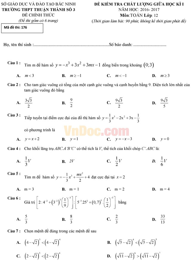Đề thi giữa học kì 1 môn Toán lớp 12 có đáp án