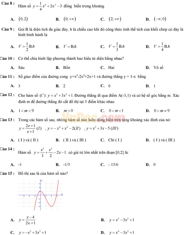 Đề thi giữa học kì 1 môn Toán lớp 12 có đáp án