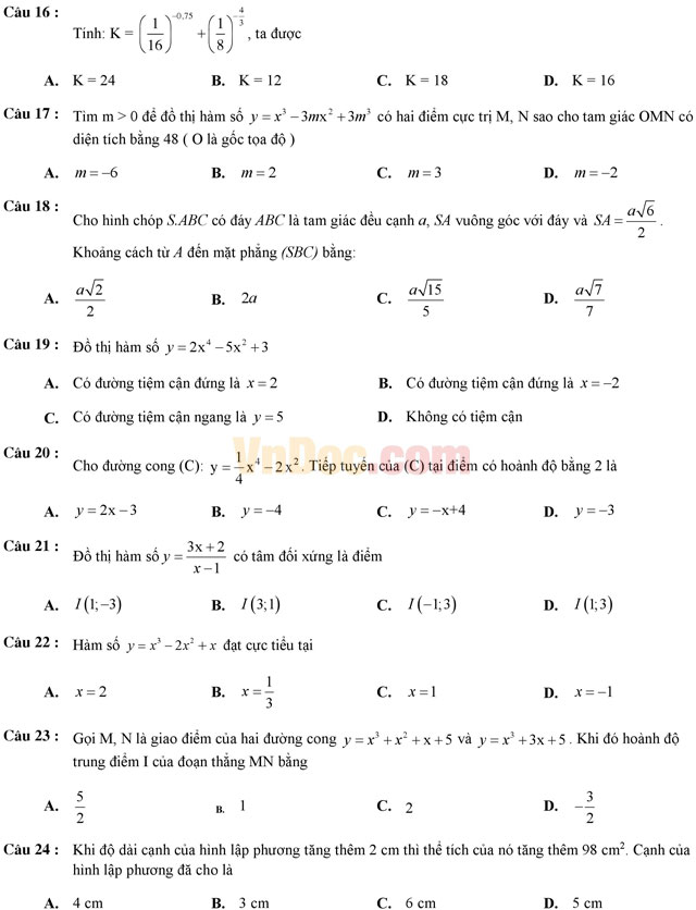 Đề thi giữa học kì 1 môn Toán lớp 12 có đáp án