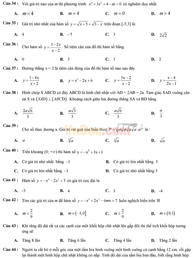 Đề thi giữa học kì 1 môn Toán lớp 12 có đáp án