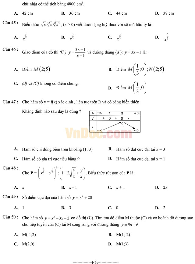 Đề thi giữa học kì 1 môn Toán lớp 12 có đáp án